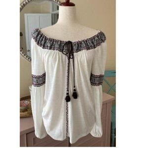 WHBM White Peasant Style with Purple Embroidery Blouse